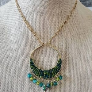 Dark Teal & Olive Green Gold Toned 2 Strand Chain Pendant Necklace, Necklace